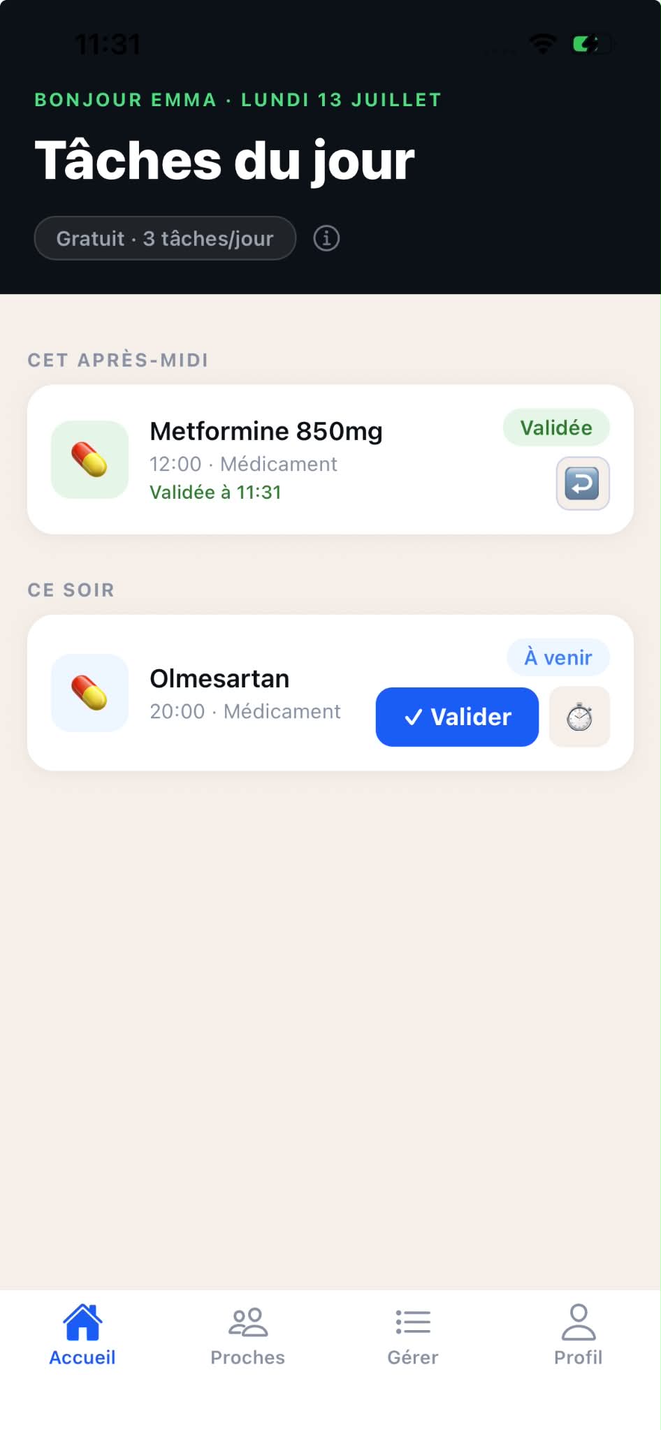 Écran des tâches du jour dans Azuvida